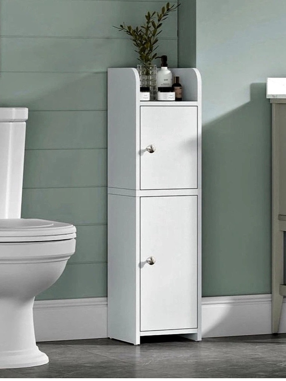 Slim White Bathroom Storage Cabinet 2 Door Adjustable Shelf Small Space